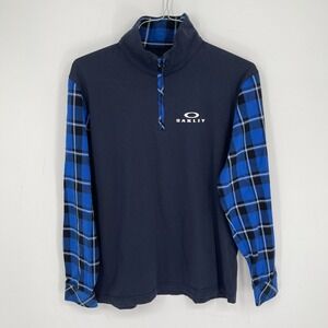 Coofandy Men's Navy Blue Plaid Sleeve Quarter Zip Pullover Approx. Size L